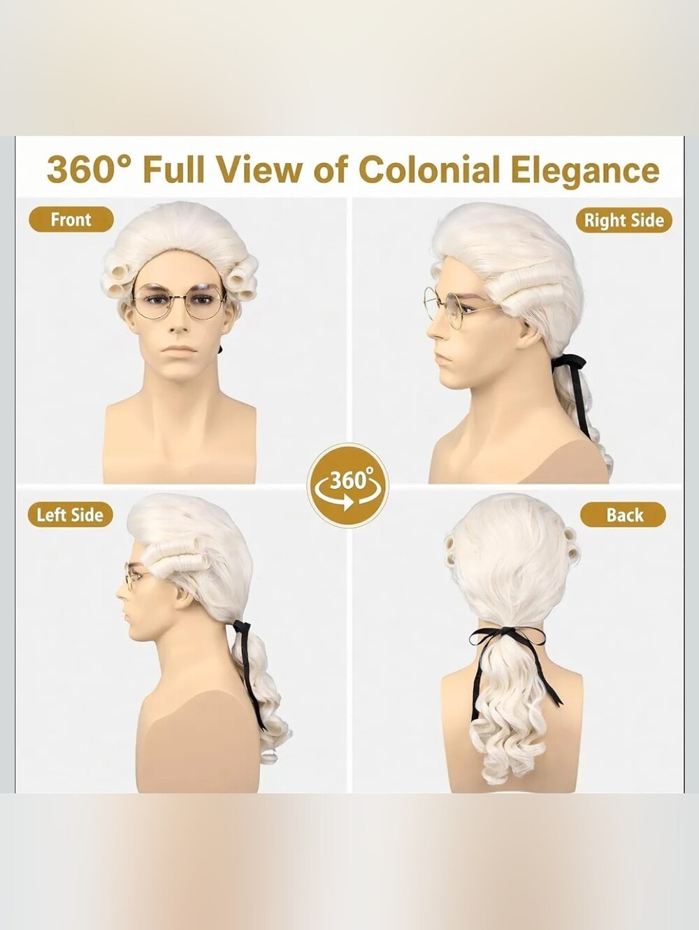 Mens Judge Colonial Wig with Glasses Long Blonde Powdered Wavy Wig Costume - Picture 3 of 13